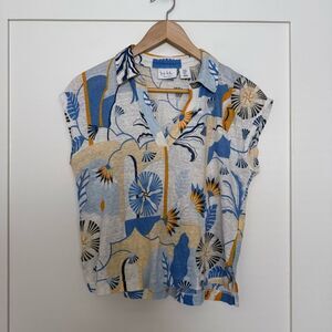 Nicole Miller Top Womens Size M Blue Sleeveless V Neck Linen Beach Floral Summer